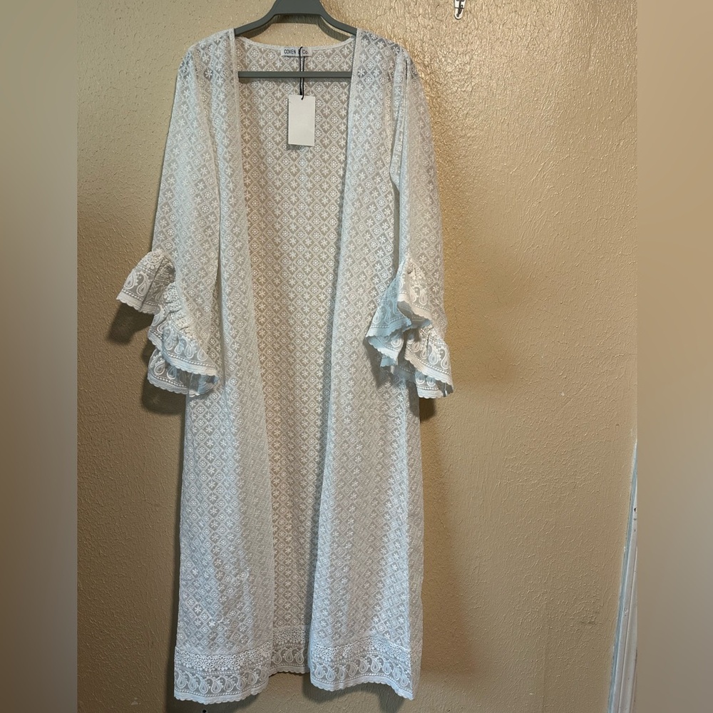 Coven & Co Duster Cardigan Embroidered Longline Open Front‎ Size Small
